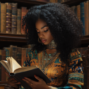 Beautiful Black woman reads about her heritage